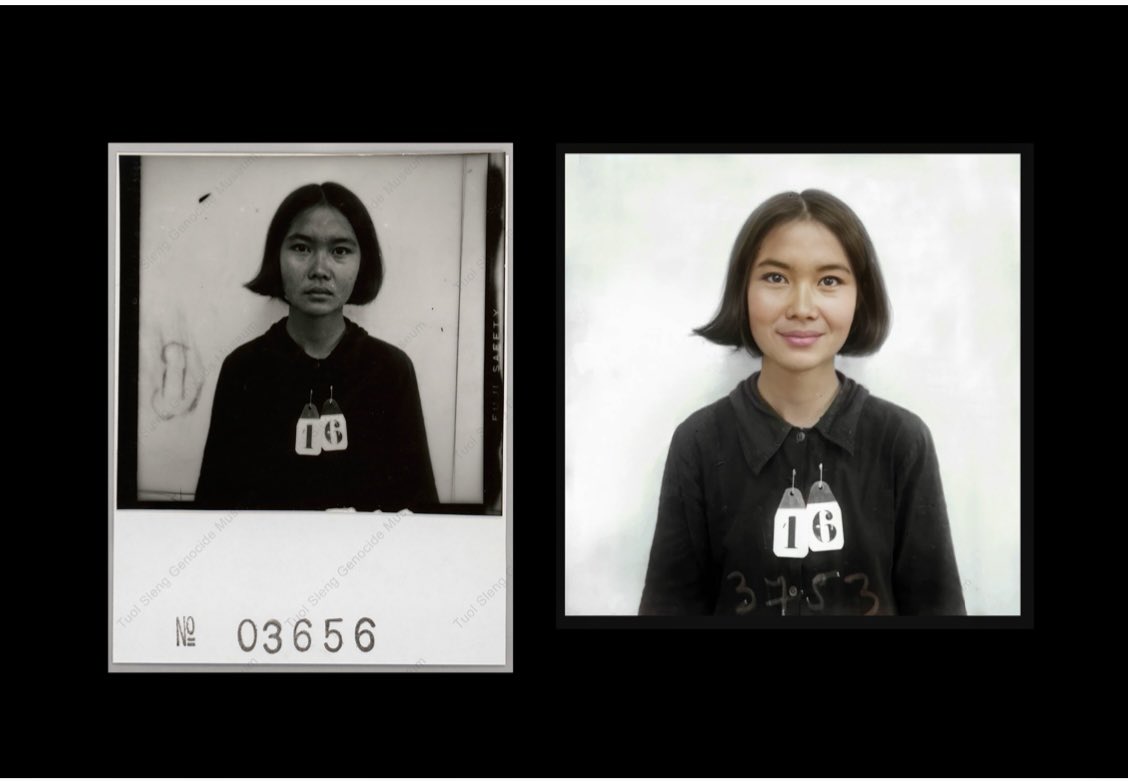 Two images of a female prisoner - one in black and white non-smiling and the other in colour, smiling Two images of a female prisoner - one in black and white non-smiling and the other in colour, smiling