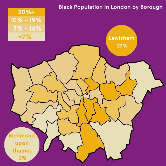 Map of London showing percentage of Black population in each Borough Map of London showing percentage of Black population in each Borough