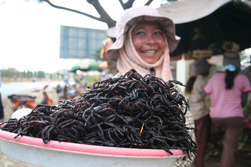 Fried spiders for sale at the market in Skuon, Cambodia. Image credit: Mat Connolley, CC-BY-SA 3.0 