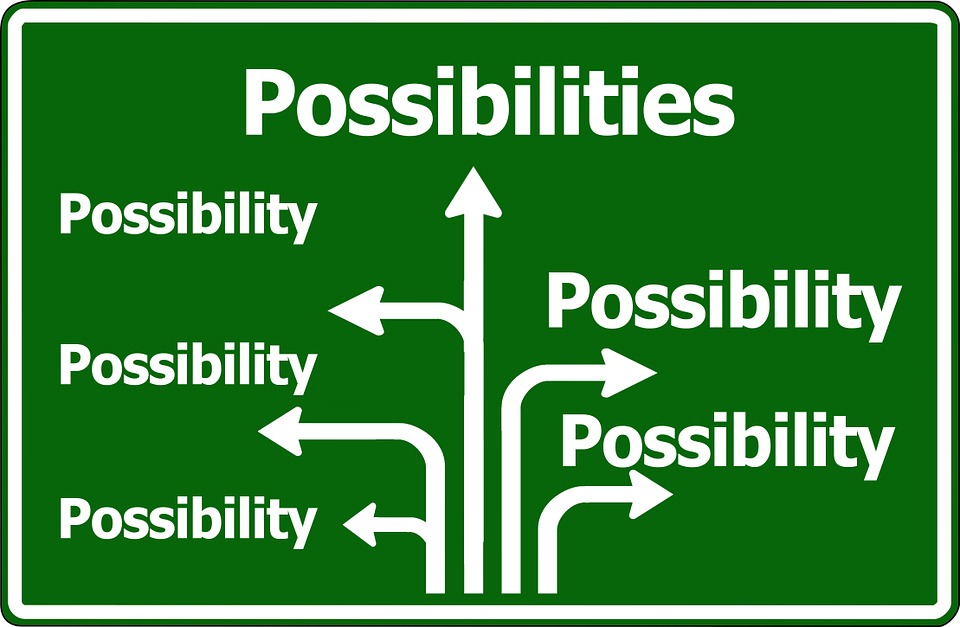 A road sign which displays a series of arrows all pointing towards the word 'possibility'.
