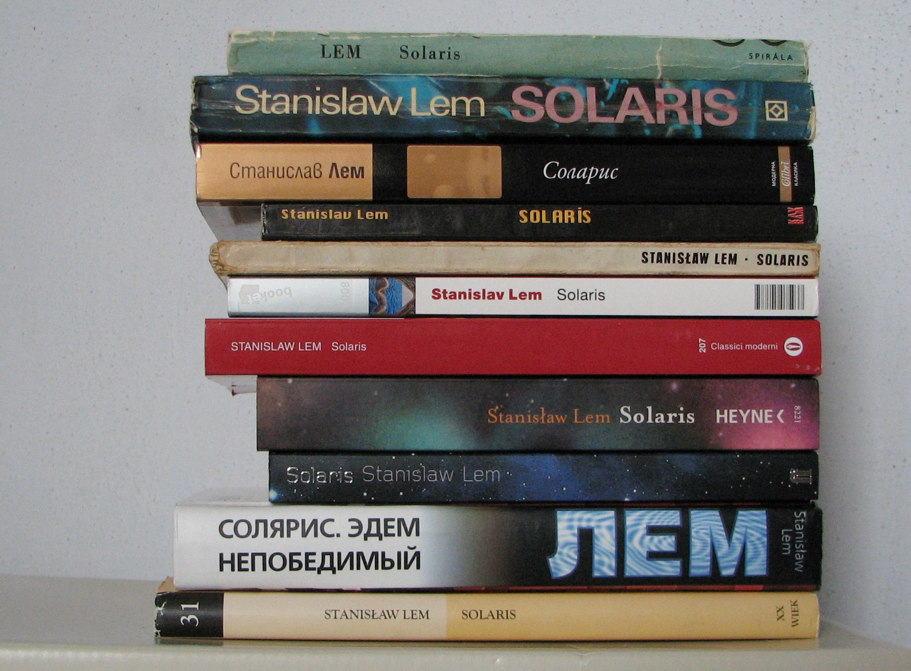 A tower of books, all copies of Solaris translated into different languages. A tower of books, all copies of Solaris translated into different languages.
