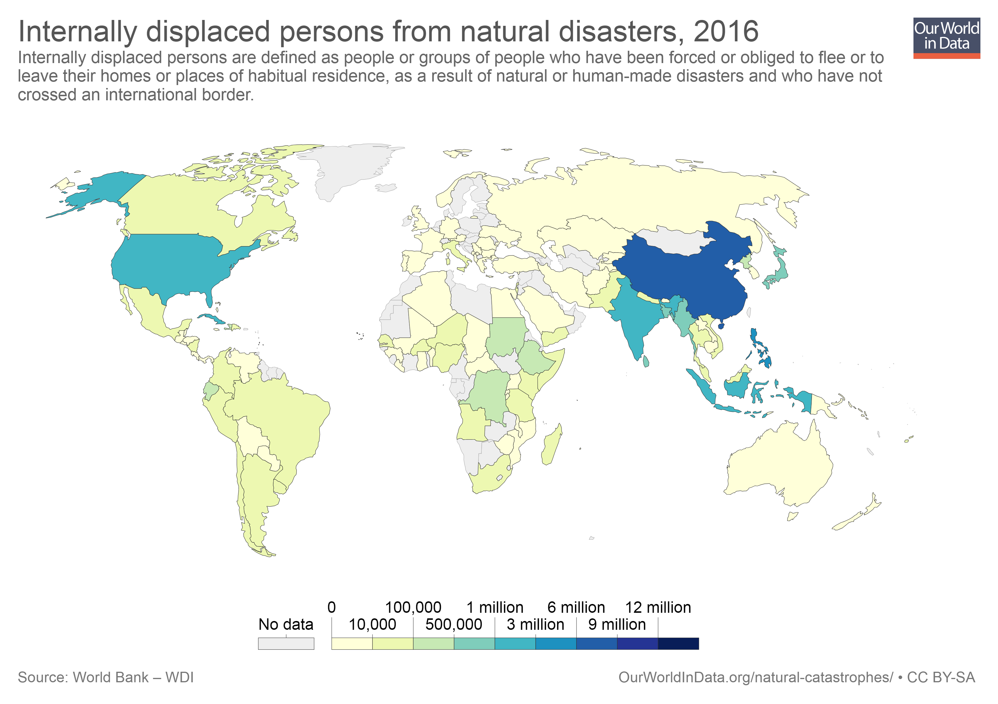 Map showing persons displaced by natural disasters in 2016